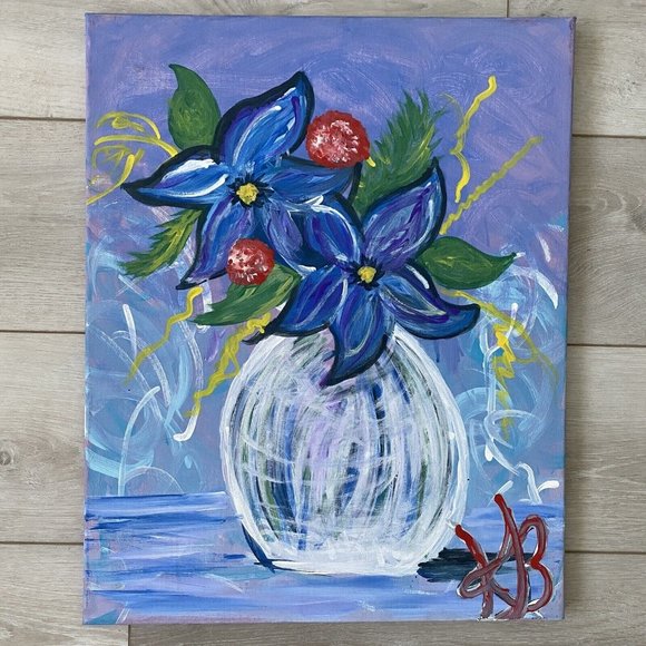 Original Impressionist Flowers Acrylic Painting Purple Blue Red 16x20in Canvas - Picture 2 of 10